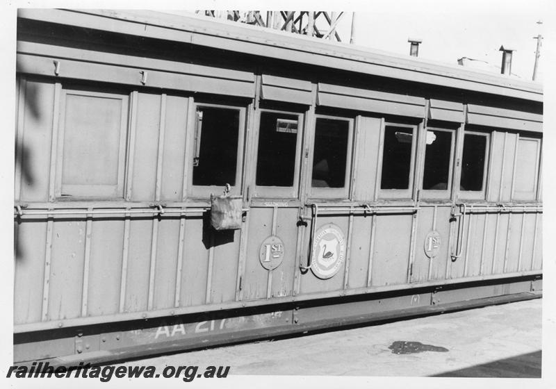 P06611
AA class 217,Bunbury Station, lead carriage on special passenger train for Perth. shows 1st class compartment and 