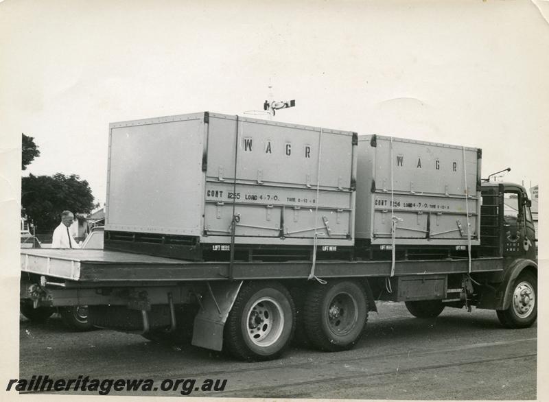 P06721
WAGR Railway Road Service truck with two containers on the tray, end and side view
