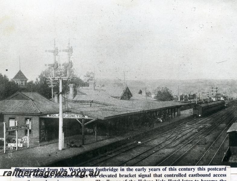 P06723
Station buildings, signal, Midland Junction, view looking east from footbridge, postcard
