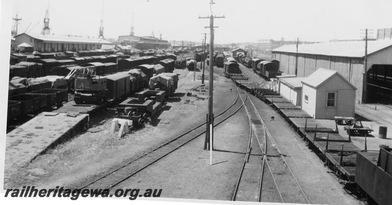 P06754
Yard, Fremantle, looking east, E shed and passenger terminal in background
