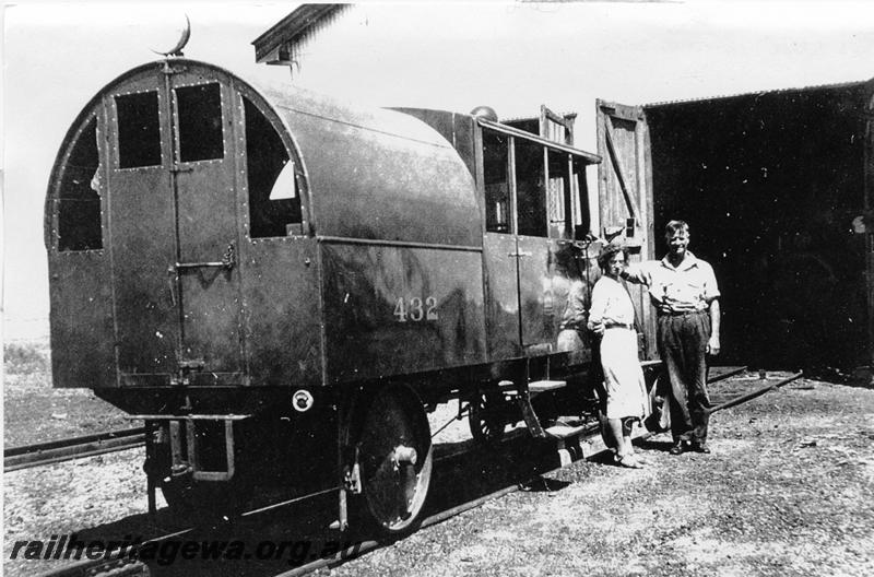 P06769
AI class 432 rail motor coach, rear view, at loco depot, Port Hedland, PM line, noted on the rear of the photo that the vehicle was nicknamed the 