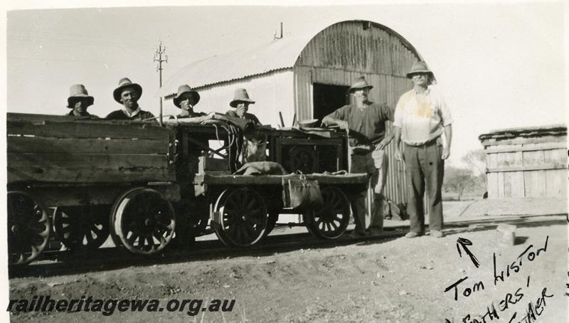P06966
Gangers trolleys, gangers, round roof gangers shed, arrowed is Tom Liston, Head Ganger at Cue and Nannine
