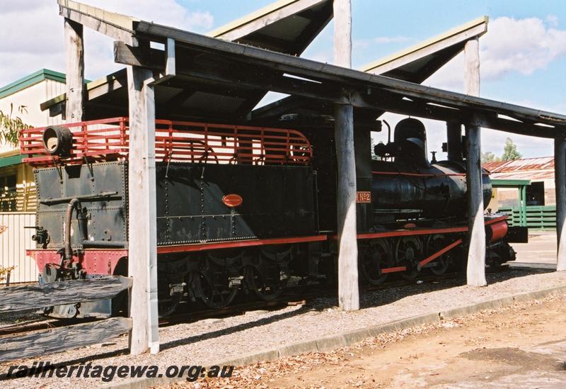 P06982
State Saw Mills loco SSM No.2, under shelter, Manjimup, view of rear of tender looking forward, on display
