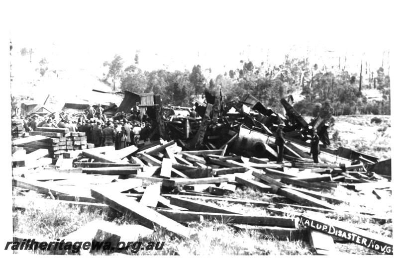 P07057
Overall view of the aftermath Mornington Mill disaster, the train crash at Wokalup
