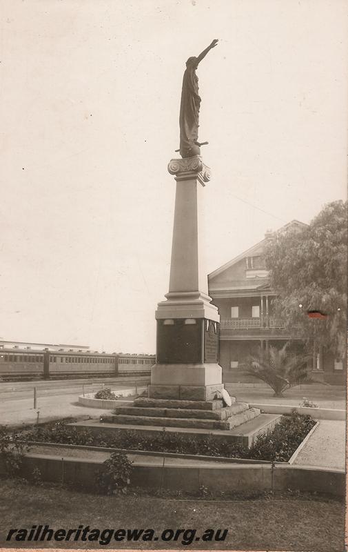 P07075
Monument at the entrance to the Midland Workshops. Photo was included in the presentation to W.E. Kay, leading hand, on his retirement after 42 years of service, in 1932
