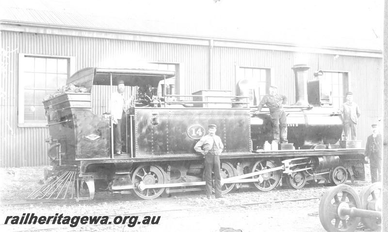 P07112
B class 14, with crew. T. J. Tasker in cab, rear and side view
