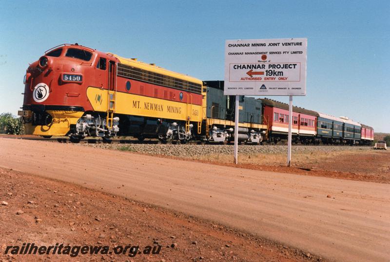 P07153
MT Newman Mining loco, F7 No.5450, Alco 415 on passenger train. The first and only time the F7 loco ran to Paraburdoo, for a meeting of the Scout groups
