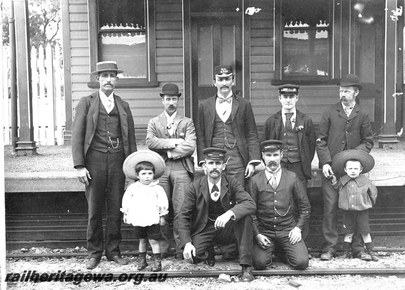 P07178
Station staff with children in the group, Bayswater Station, station master standing in the centre of the back row of group
