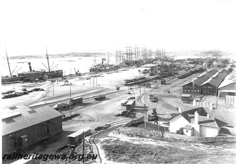 P07191-1
Fremantle Harbour and railway yards, overall view from an elevated position looking east. Half of a photo, other half is P7191-2
