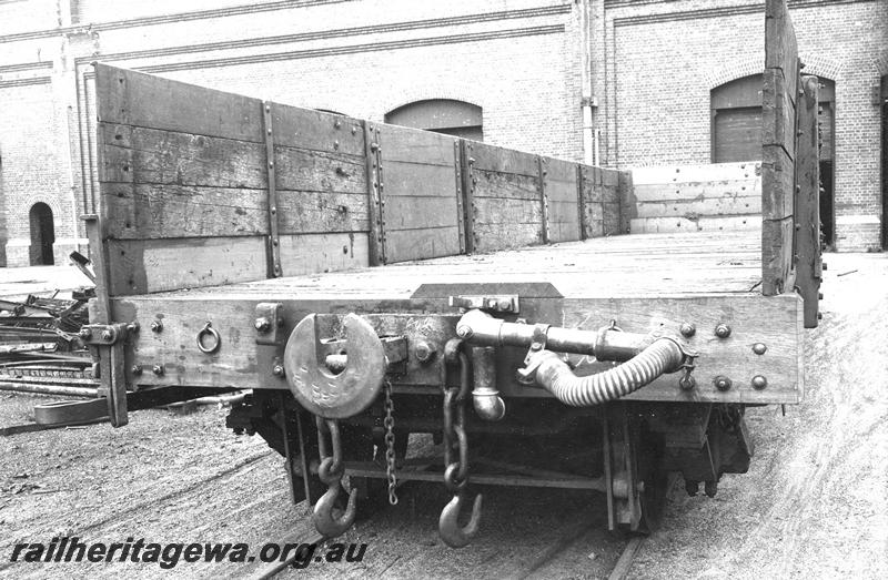 P07390
2 of 9 photos depicting wartime activities at the Midland Workshops, RAA class wagon converted for military purposes showing swivelling brake pipe, end view
