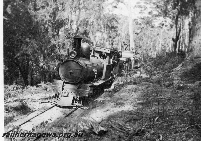 P08321
SSM loco No.57, hauling a timber train, front and side view of loco
