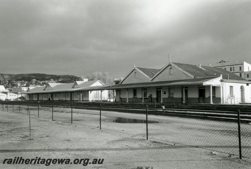 P08535
Albany, station building, sheds, platform, view from rail side, GSR line.
