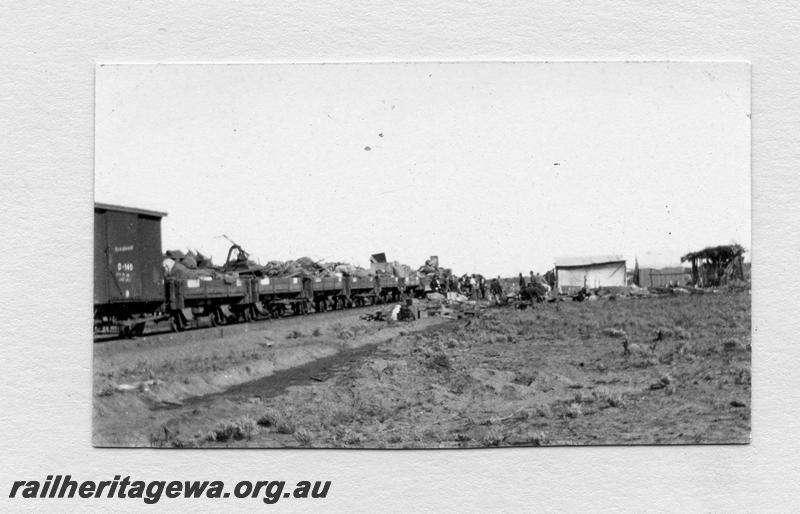 P08885
1 of 29 views of the construction of the Wyalkatchem-Lake Brown-Southern Cross railway, WLB line. Construction train consisting of a d class van and H class wagons at 