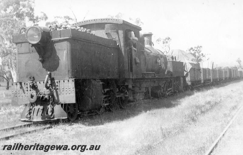 P09349
MS class 429 Garratt loco with timber plank hungry boards, bunker end and side view, class and number painted on the headstock, on a goods train, location unknown
