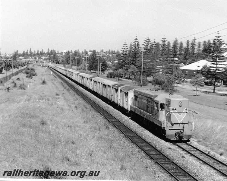 P10365
A class 1502 Westrail Orange short end leading departing Cottesloe heading towards Perth with train mainly four wheel covered vans
