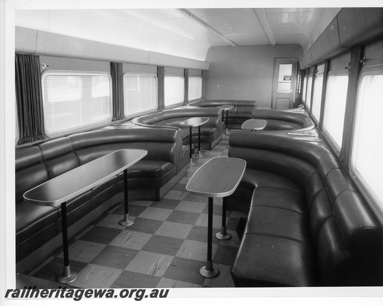 P10731
A view of the lounge section in an Railways of Australia CDF class standard gauge cafeteria/club car.

