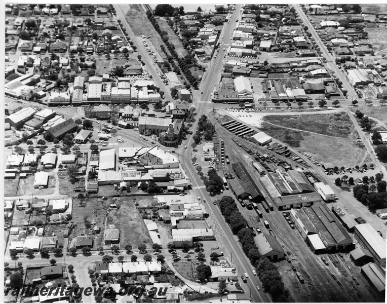 P10924
Aerial view of the western end of Midland Junction depicting the former Midland Railway Company's goods yard and in the right foreground. The intersection of Helena Street and Great Eastern Highway is in the middle of the photograph.
