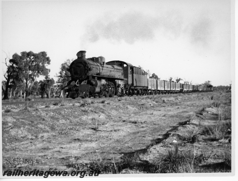 P10926
PM class 724 steam locomotive hauling No 44 goods train between Pinjarra and Armadale. The train is destined for Perth. SWR line. 
