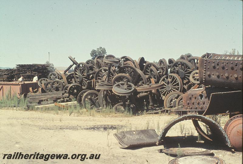 P11392
Wheels and other parts from cut up locos, salvage yard, Midland Junction.
