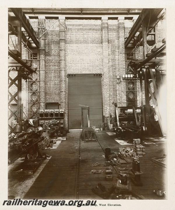 P13381
25 of 67 views taken from an album of photos of the Midland Workshops c1905. Block three, - Interior Machine Shop, West Elevation.
