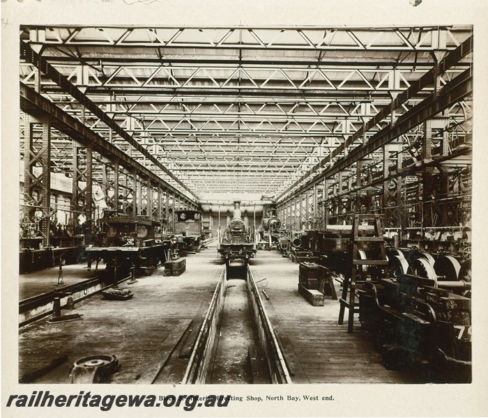 P13384
28 of 67 views taken from an album of photos of the Midland Workshops c1905. Block three, - Interior Erecting Shop, North Bay, West End.
