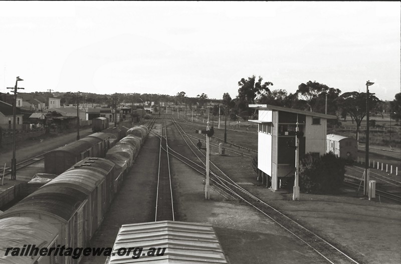 P14024
Signal box, signals, yard, Narrogin, GSR line, view along the yard from the footbridge looking south.
