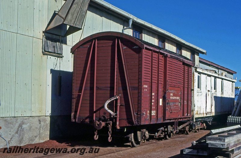 P15100
D class 40503 , ex MRWA BLA class 816, 4 wheel half louvered van utilised for use in the Geraldton district. NR line, end and side view

