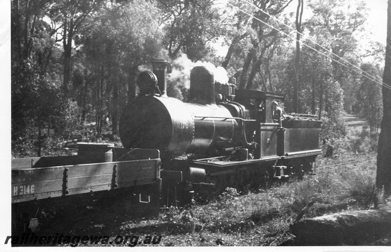 P15392
YX class 176 steam locomotive working on the Donnelly River to Yornup timber line. This locomotive was formerly a South Australian Railways 'YX' class. H class 3146 low sided wagon is behind the front of the locomotive. The tender is loaded with wood for the fire. 
