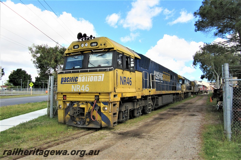 P15399
Pacific National loco, NR class 46 leading NR class 110 and AN class 9 on the line passing through the site of the Rail Transport Museum departing after delivering Mineral Resources loco MRL class 003 to UGL's plant, Bassendean, front and side view
