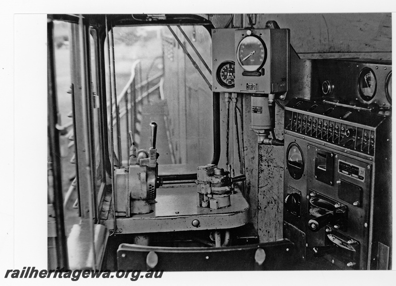 P16690
A class loco, drivers controls, Merredin, EGR line, interior view of cab
