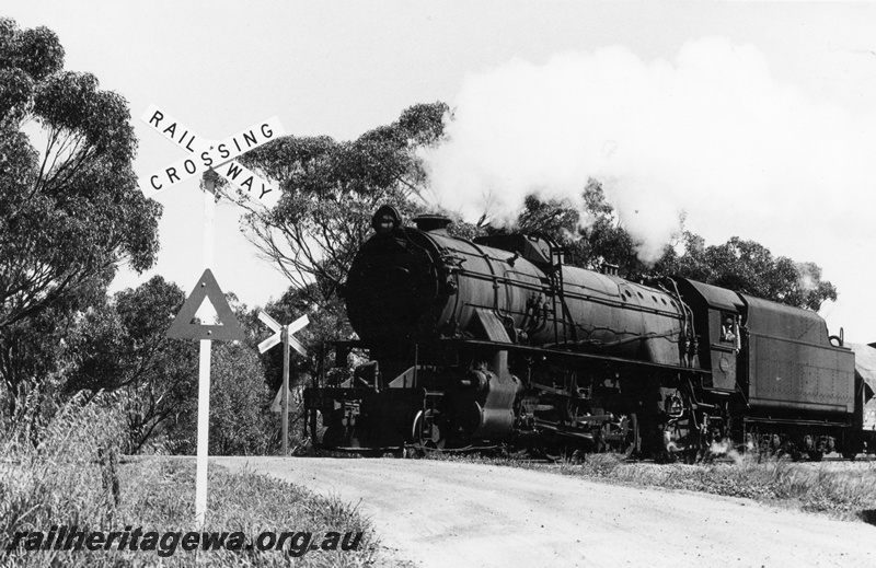 P17269
V class 1213 steam locomotive, front and side view, on goods train, crossing a level crossing with railway crossing signs only, country location.
