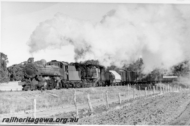 P17419
PMR 727, S class 546, double heading No 104 goods train, BN line, ploughed field in foreground
