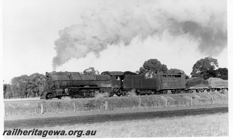 P17421
S class loco, on goods train, passing through rural countryside, BN line, c1970
