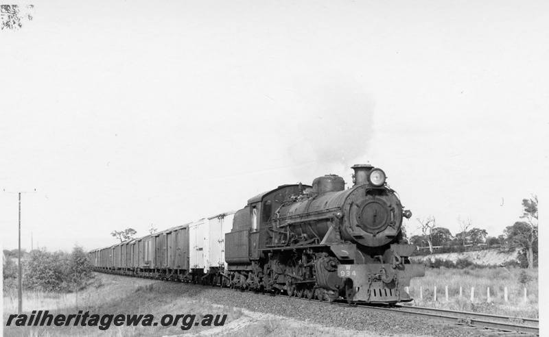P17626
W class 934 steam locomotive hauling a goods train at an Unknown location. Possibly PP line.
