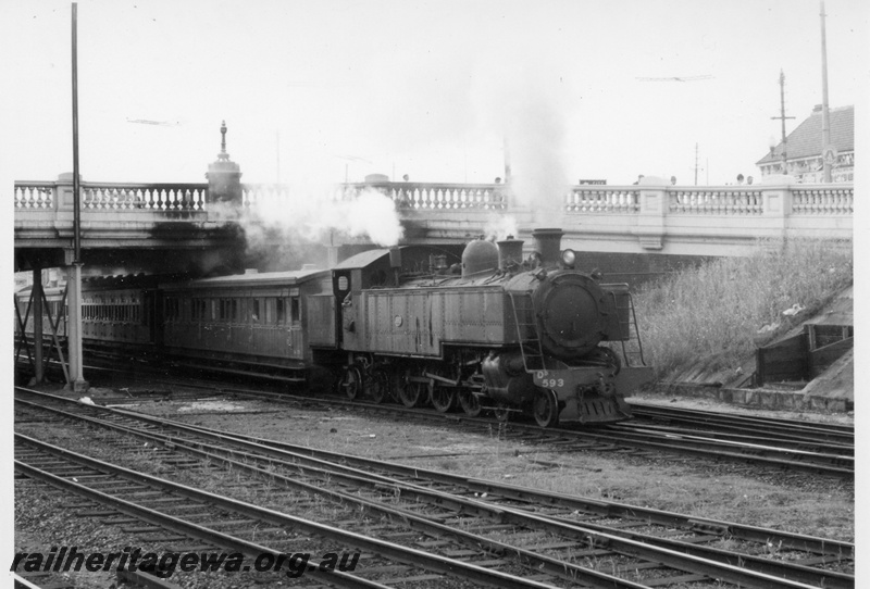 P17684
DD class 593, on passenger train, Barrack Street bridge, departing Perth, c1965
