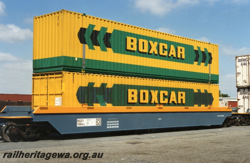 P18006
3 of 3 double stacked container wagons, RQYZ7064L container wagon, Kewdale yard, one of five permanently coupled together, end and side view
