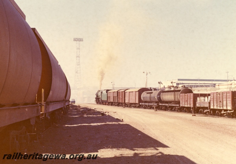 P18091
V class loco on goods train, Leighton, view from rear of train, c1966
