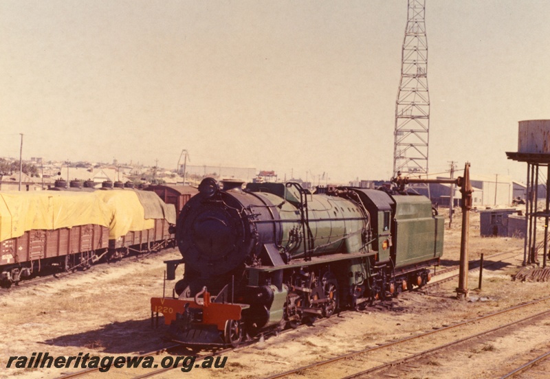 P18093
V class 1220, taking on water, water tower, Leighton, front and side view, c1966
