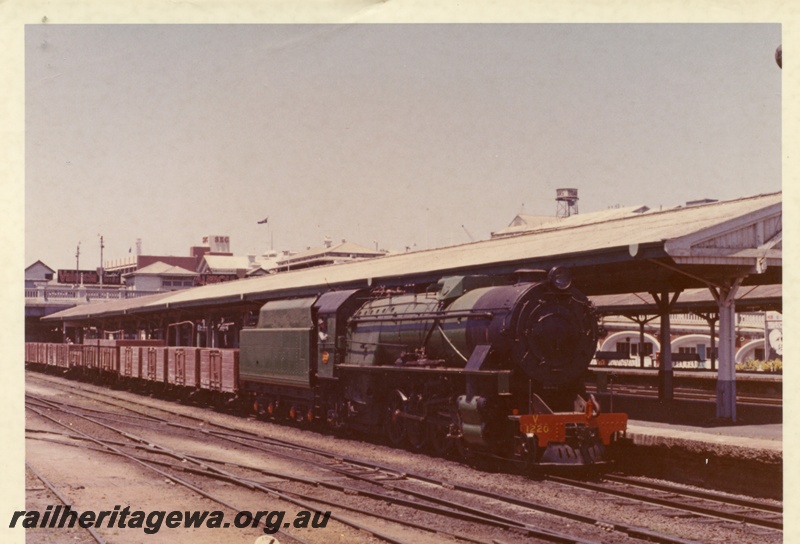 P18101
V class 1220, on goods train, platforms and canopies, Horseshoe Bridge, Perth city station, c1966
