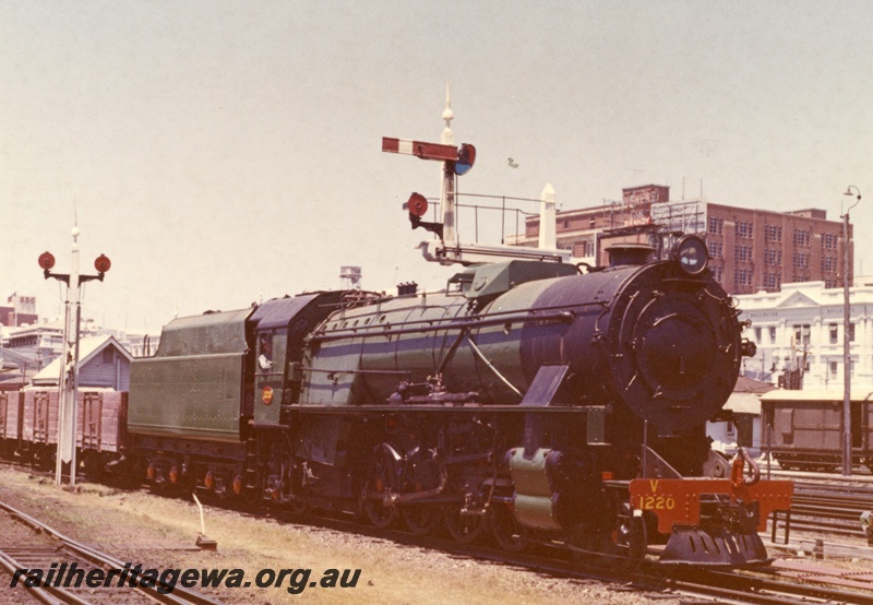 P18102
V class 1220, on goods train, signal, Perth, c1966
