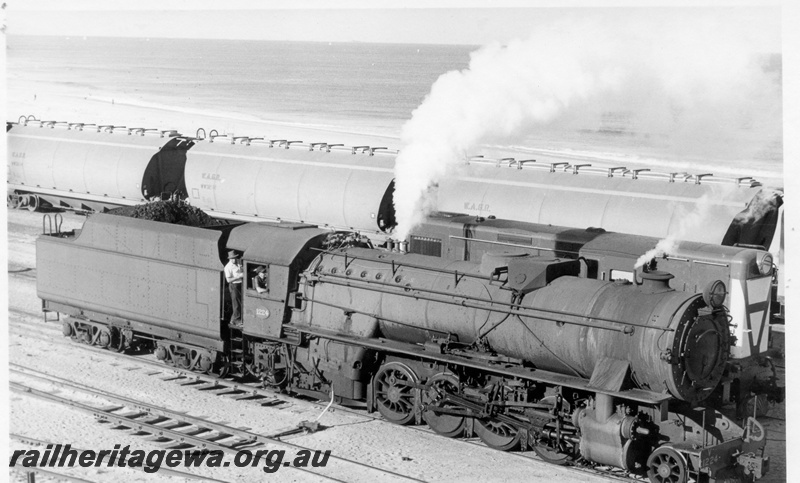 P18109
V class 1224 steam locomotive off 56 goods at Leighton. Standard gauge wheat hopper wagons and Indian Ocean in background.
