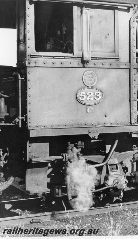P18285
4 of 4 images of PR class 523 on goods train including JGS class 5022 tank wagon for furnace oil, side view of loco cab showing class, number and makers plates

