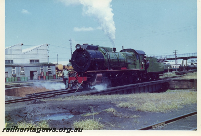 P18293
S class loco, on turntable, East Perth loco depot, front and side view, c1967
