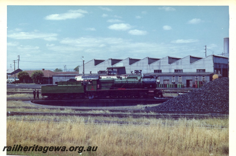 P18294
S class loco, on turntable, East Perth loco depot, coal pile, side view, c1967
