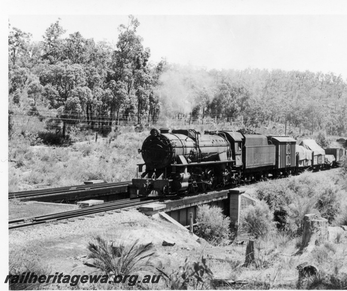 P18360
V class loco on No 11 goods train, 17 mile peg, Darling Ranges, ER line
