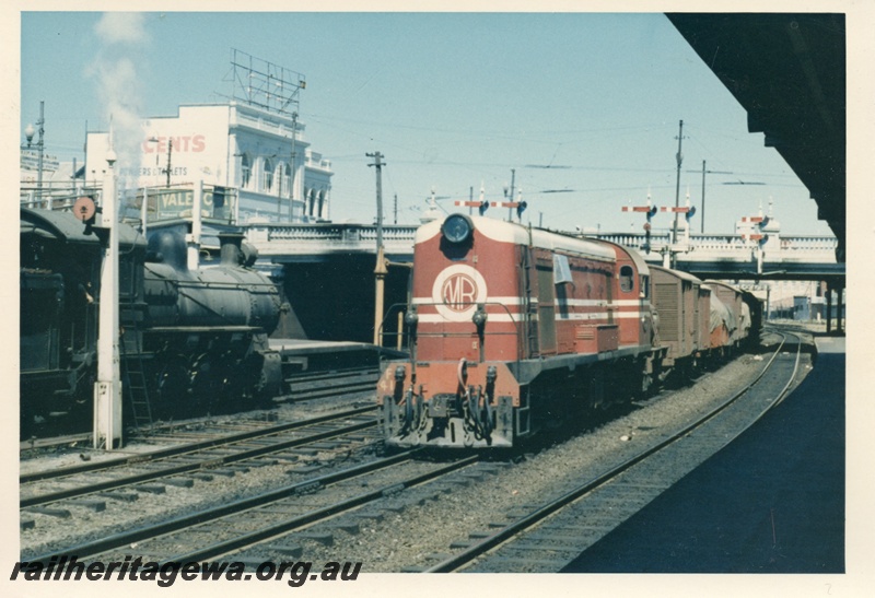 P18412
Ex-MRWA F class 41, in MRWA livery, on goods train, steam loco on adjacent track, bracket signals, road bridge, Perth station
