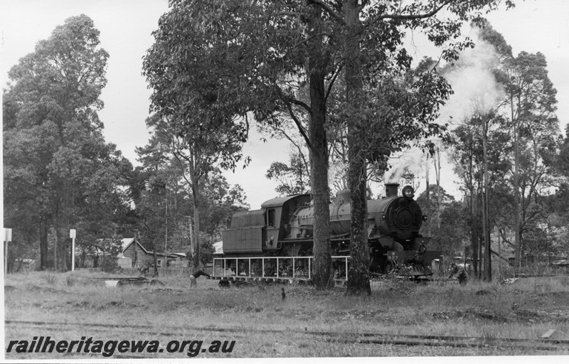 P18460
W class 927, on turntable, Nannup, WN line, side and front view through trees
