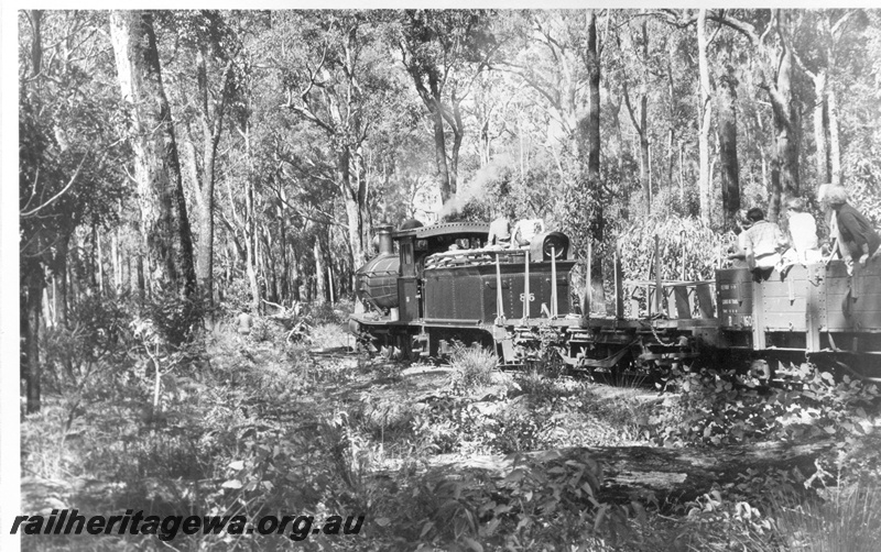 P18489
YX class 86, on tour train on Bunning Bros mill line, Donnelly River, view along side of train towards front
