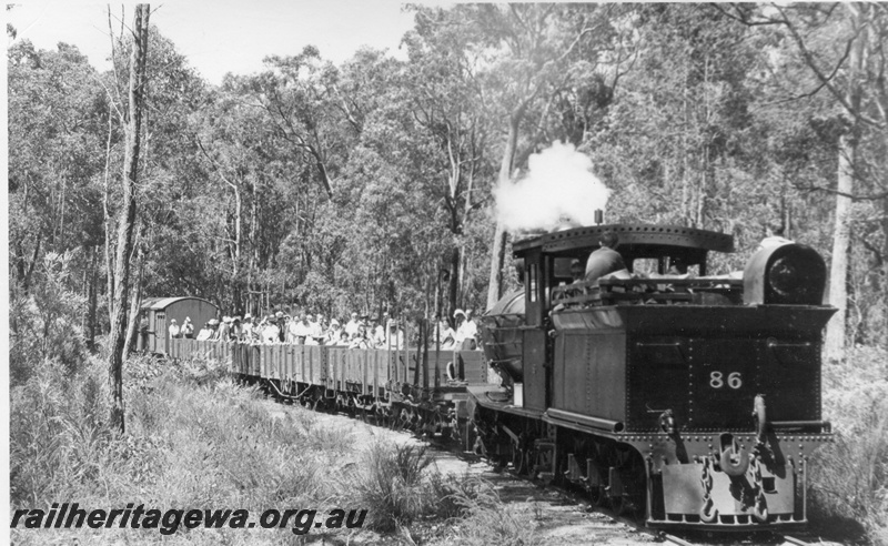 P18492
YX class 86, tender first, on tour train, Donnelly River Mill, side and rear view 
