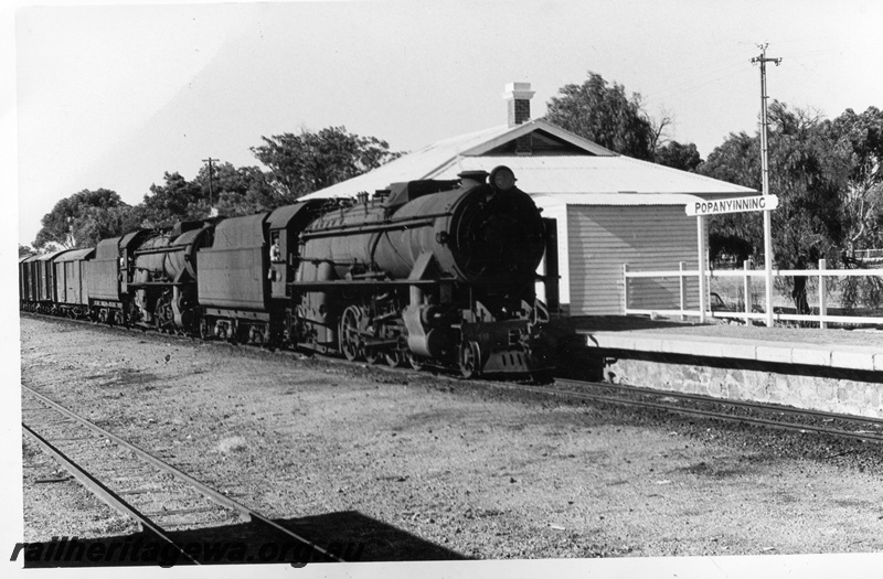 P18533
V class 1218 and V class 1219, on goods train, station building, nameboard, stone platform face, Popanyinning, GSR line
